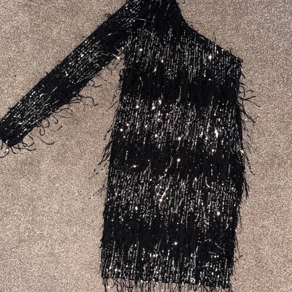 Fashion Nova Womens Black Sequin Fringe One Shoulder Long Sleeve Mini Dress
